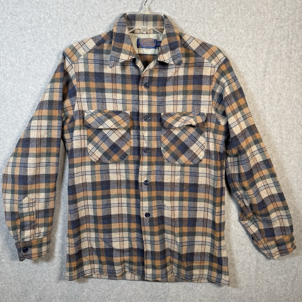 Vintage Pendleton Virgin Wool Flannel Woolen Mills 1970's Plaid Mens Medium Long